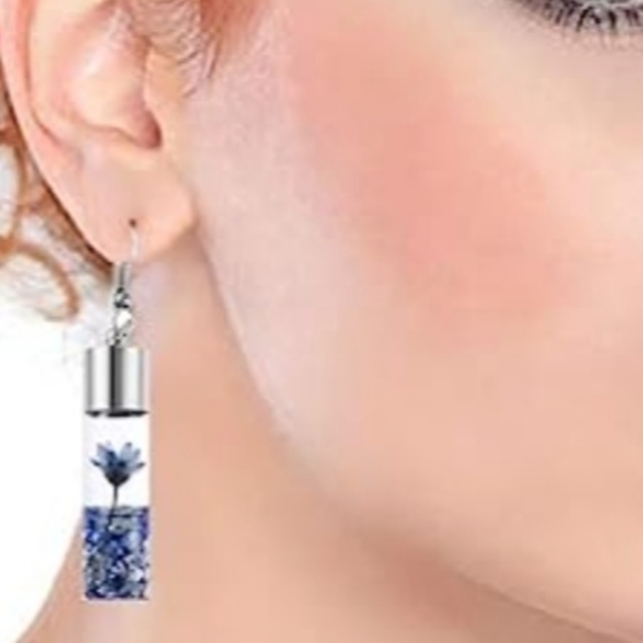 Blue Wish Flowers Glass Bottle Dangle Earrings - Picture 7 of 9